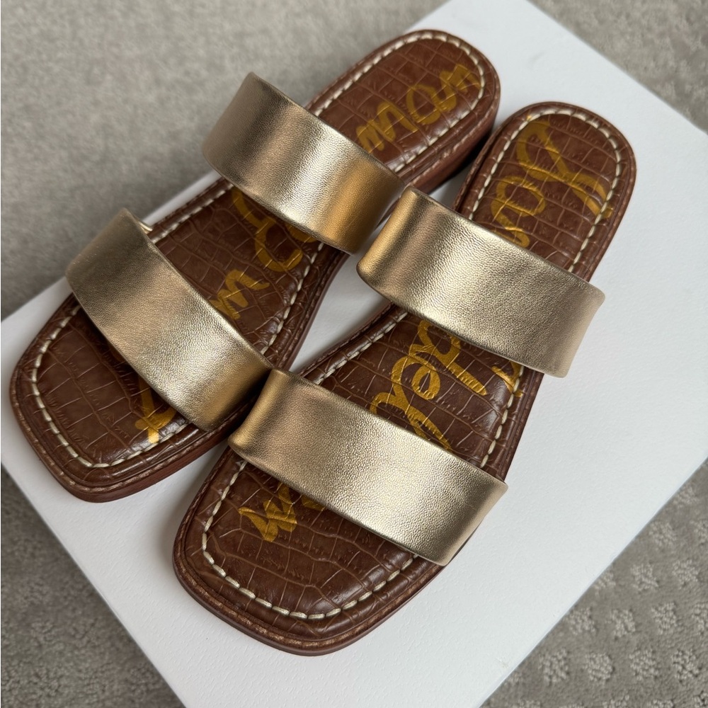 Gold and Brown Slide Sandals, Sam Edelman 8.5